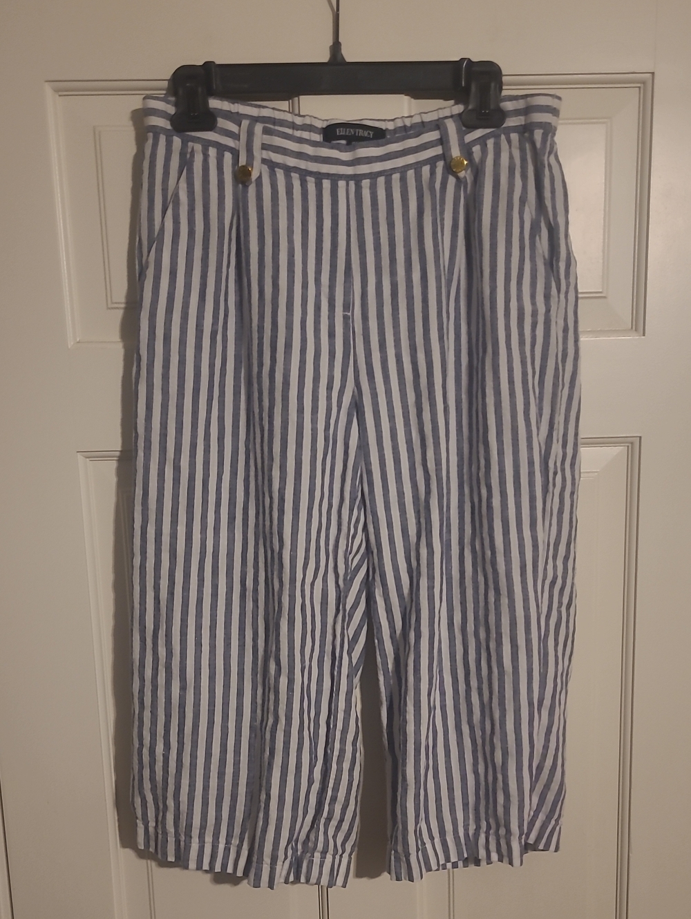 Ellen Tracy Blue & White Vertical Stripe Linen Pants Size S